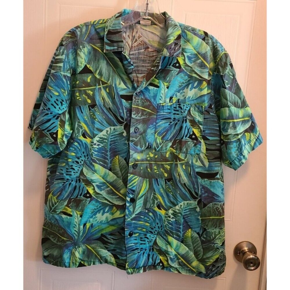 Vtg 90s Angelica Mens Short Sleeve Button Up Hawaiian Shirt Blue/Green Floral M